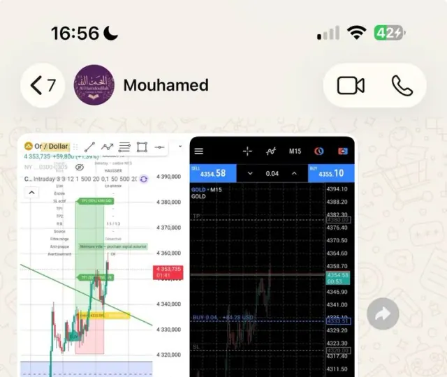 Message WhatsApp d'un membre montrant un signal Cercle X Algo et sa position MetaTrader.